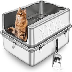 Bartuke Semi Enclosed High Sided Removable Metal Stainless Steel Cat Litter Box with Scoop, XXX-Large: 27.5 x 19.7 x 12-in, Silver Grey