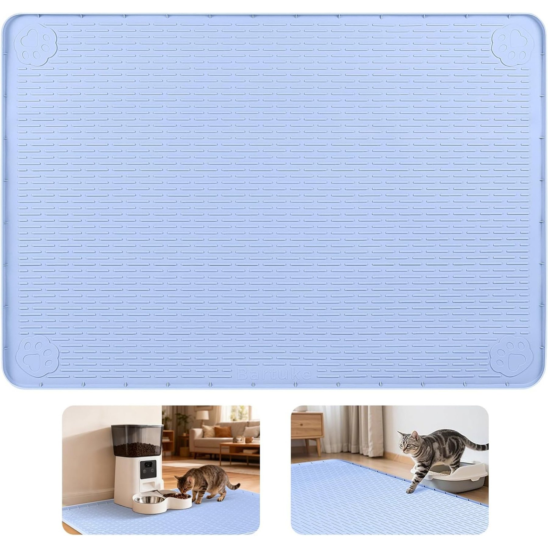 Bartuke Silicone Cat Food & Water Bowl Placemat with Raised Edges, Blue, X-Large: 40 x 28-in