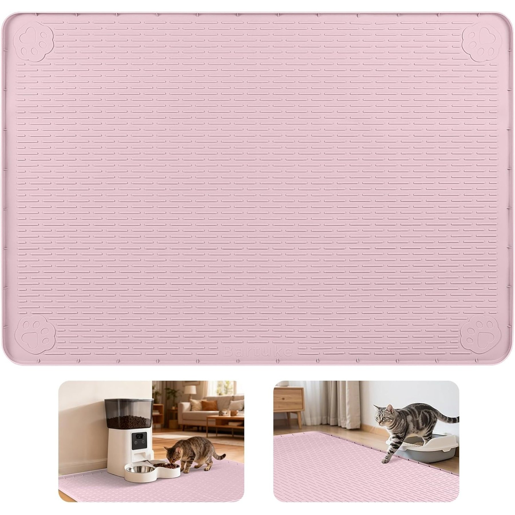Bartuke Silicone Cat Food & Water Bowl Placemat with Raised Edges, Pink, X-Large: 40 x 28-in