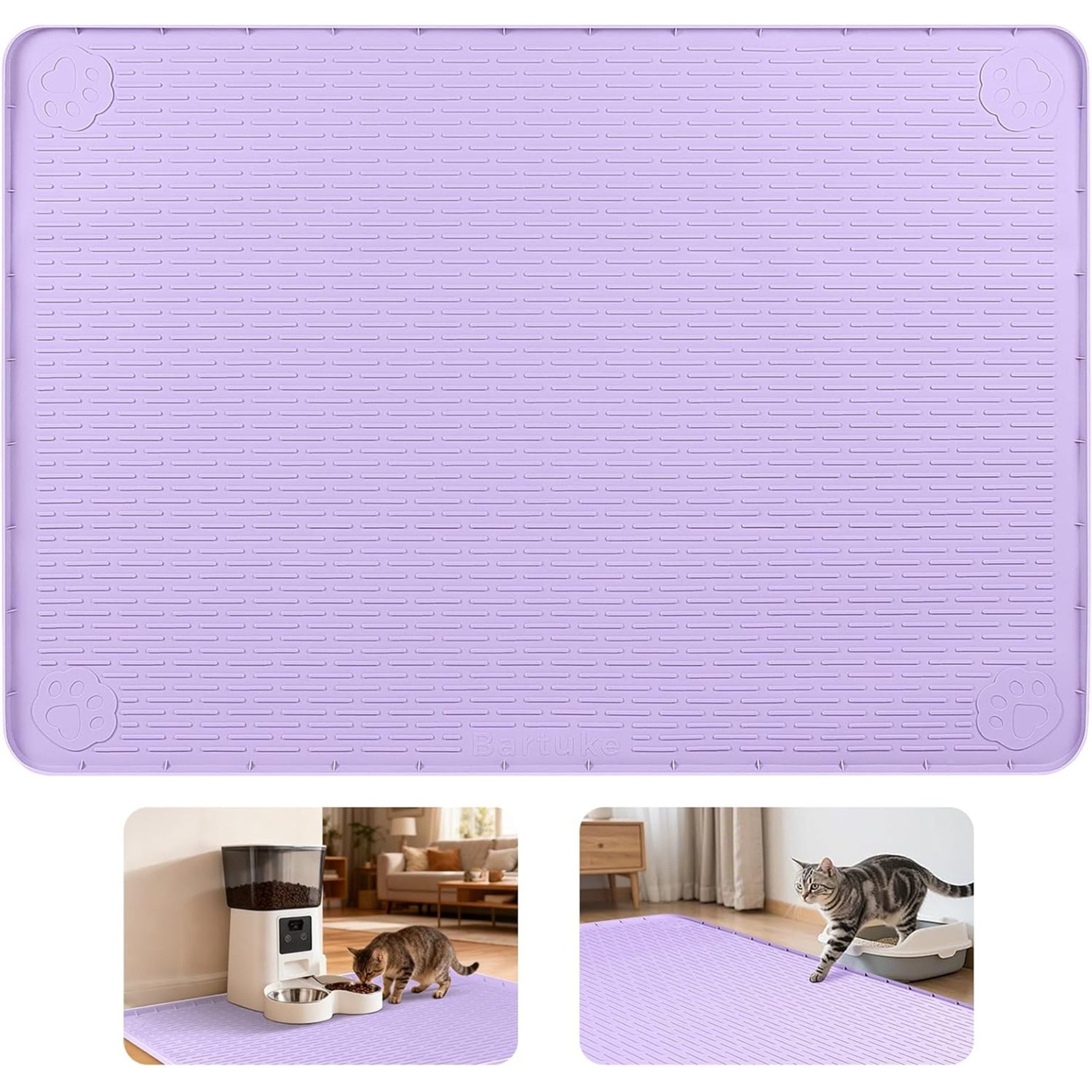 Bartuke Silicone Cat Food & Water Bowl Placemat with Raised Edges, Purple, X-Large: 40 x 28-in