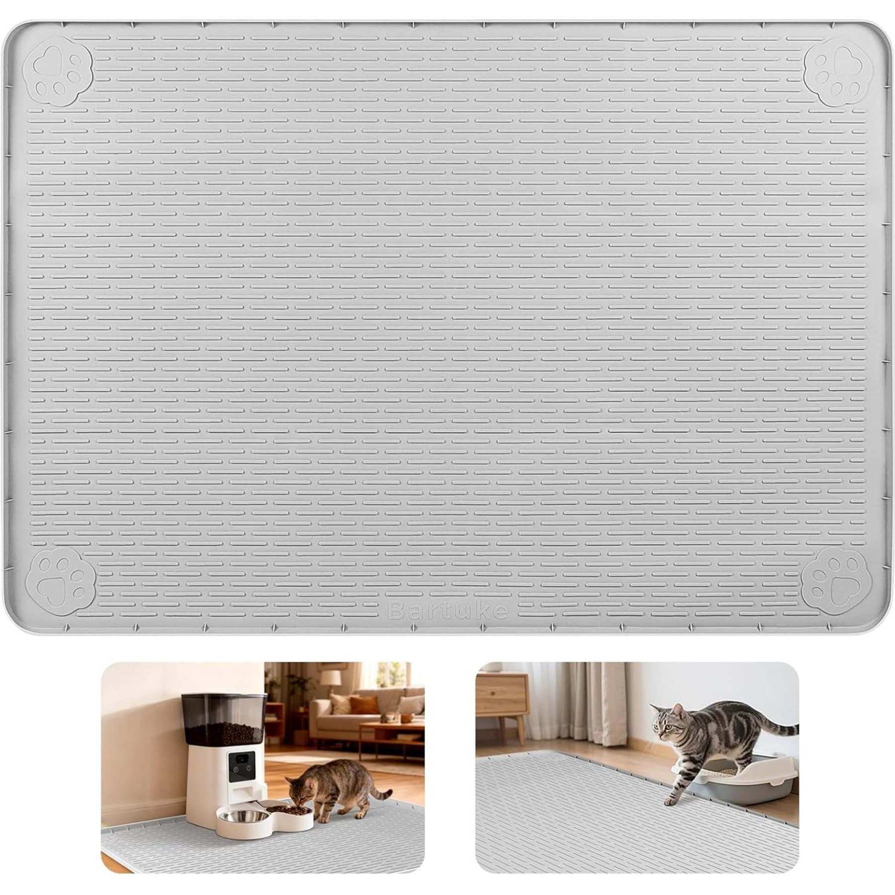 Bartuke Silicone Dog & Cat Food Bowl Placemat with Raised Edges, X-Large: 50 x 35-in, Light Grey