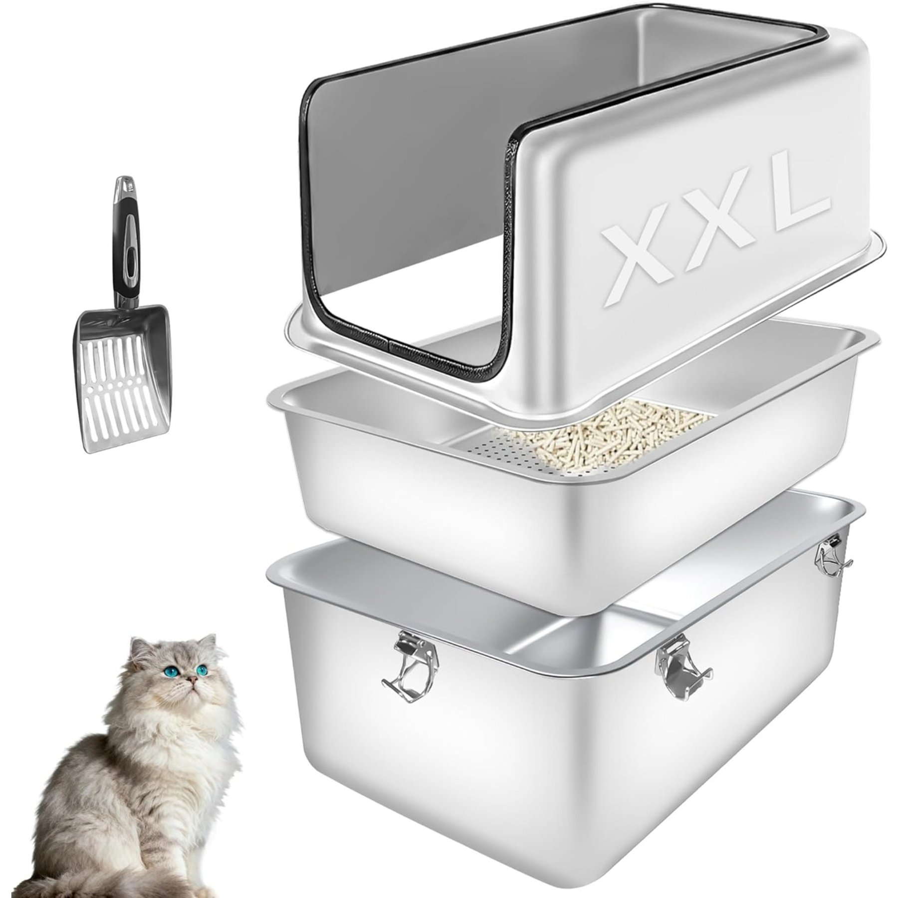 Bartuke Stainless Steel Semi Enclosed Removable Metal with High Sided Enclosure, Scoop, Cat Litter-Box, XX-Large: 23.6 X 15.7 X 12-in