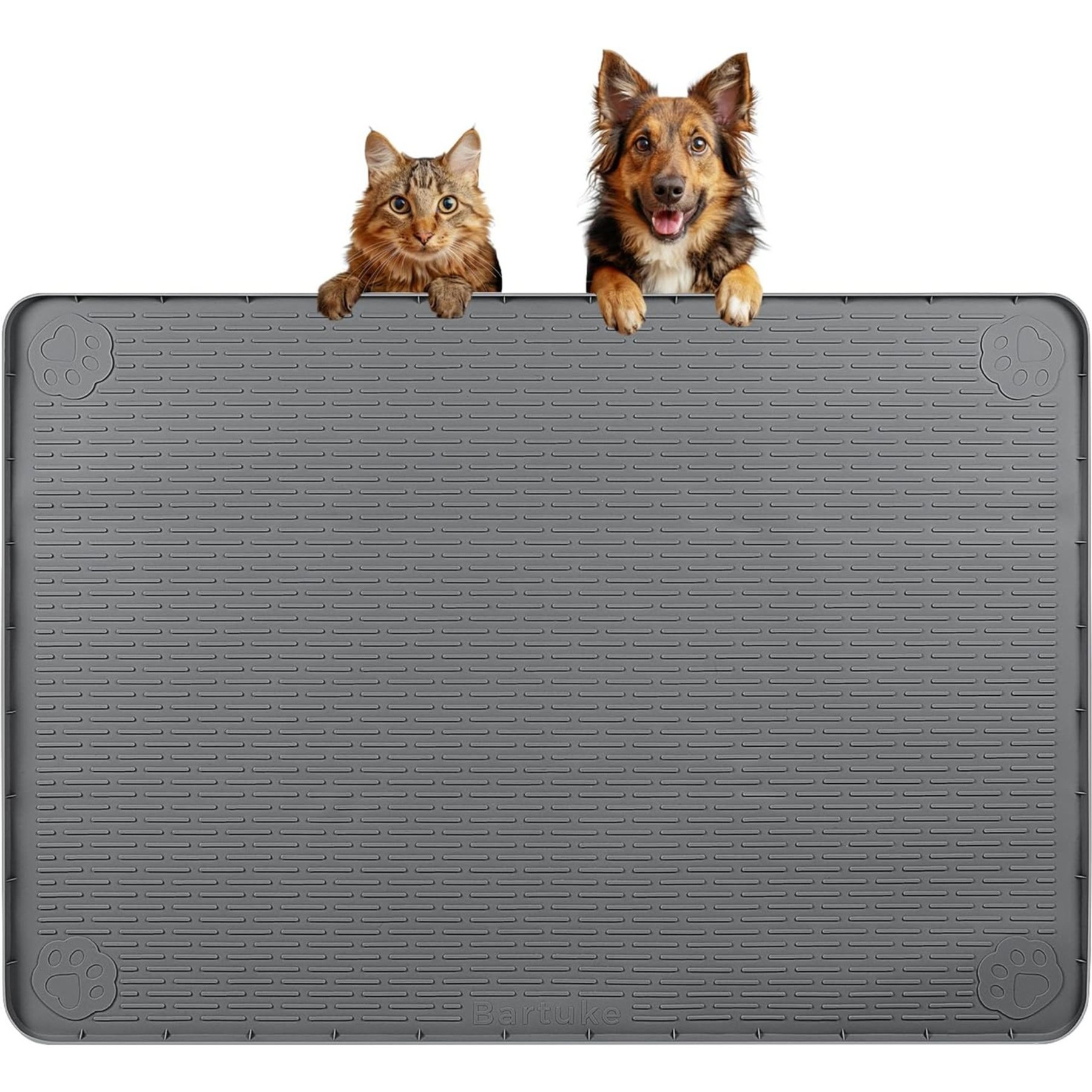 Bartuke Waterproof Non-Slip Raised Edge Food & Water Silicone Feeding Mat Dog & Cat Bowl Accessory, 34 x 22-in, Dark Grey