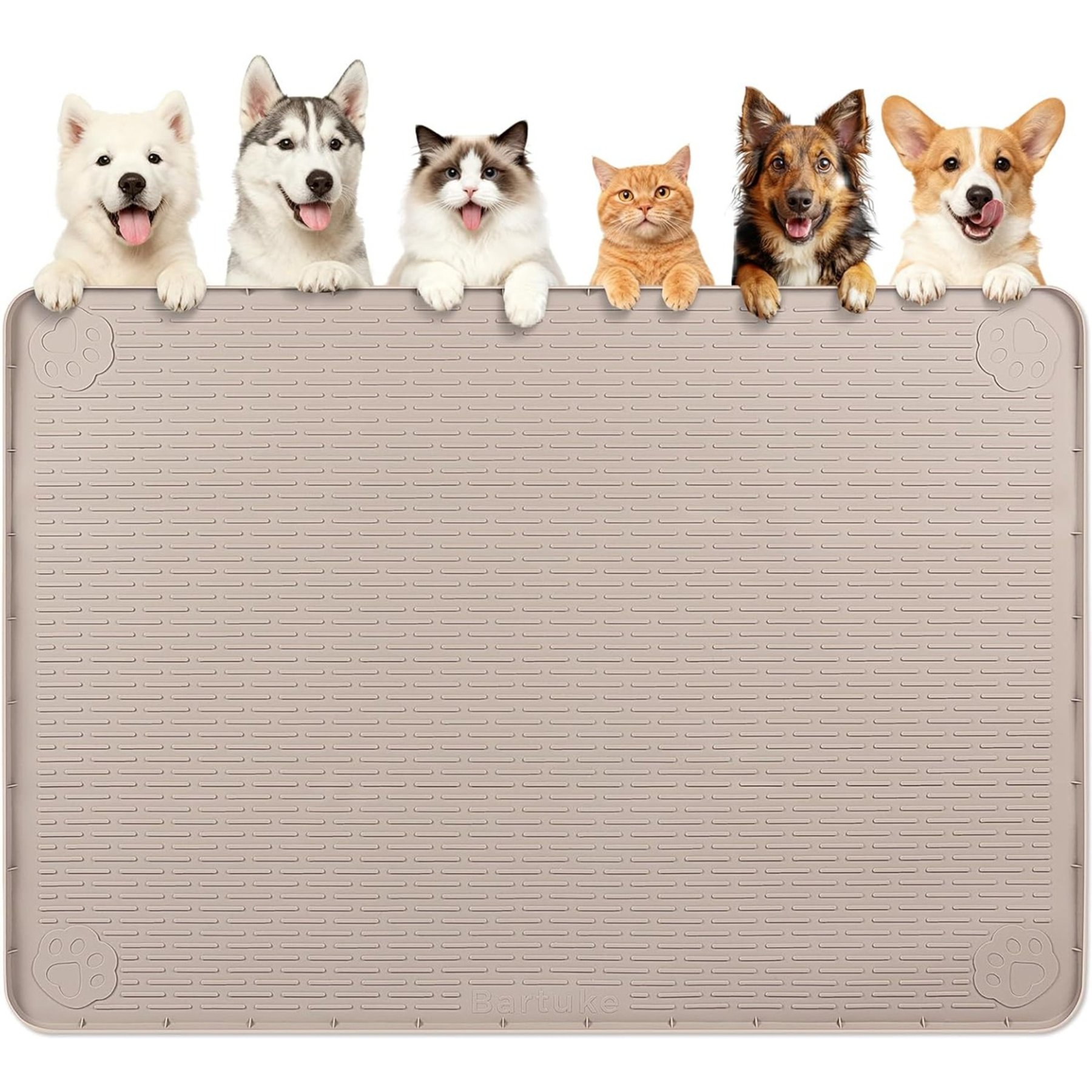 Bartuke Waterproof Non-Slip Silicone Dog & Cat Food Mat, Khaki, 57 x 40-in