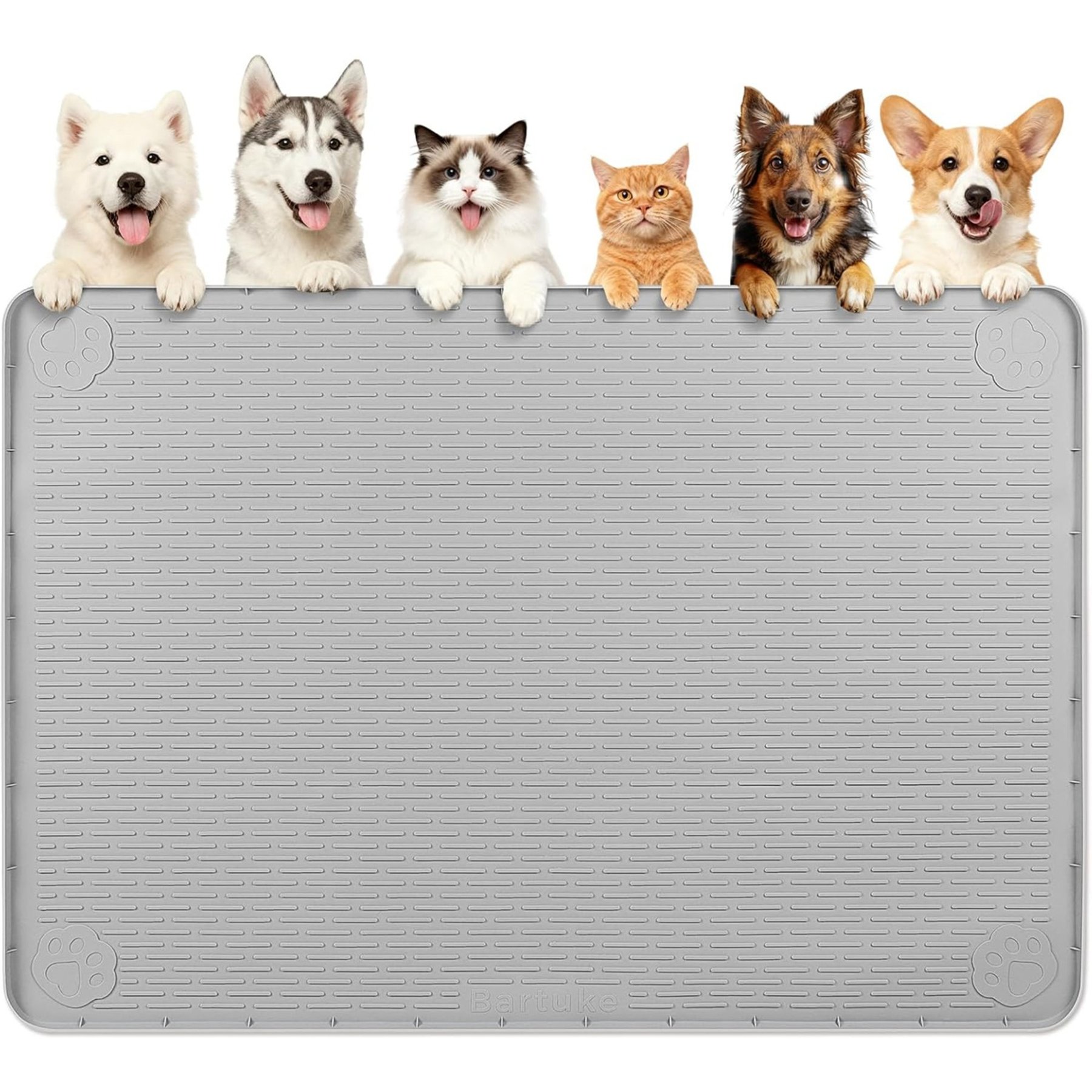Bartuke Waterproof Non-Slip Silicone Dog & Cat Food Mat, Light Grey, 57 x 40-in