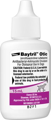 Show full view: Baytril (Enrofloxacin / Silver Sulfadiazine) Otic Solution for Dogs, 15-mL slide 3 of 6