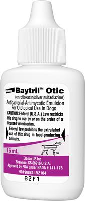 Show full view: Baytril (Enrofloxacin / Silver Sulfadiazine) Otic Solution for Dogs, 15-mL slide 4 of 6