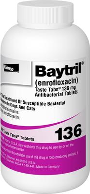Show full view: Baytril (Enrofloxacin) Taste Tabs for Dogs & Cats, 136-mg, 1 flavored tablet slide 1 of 8