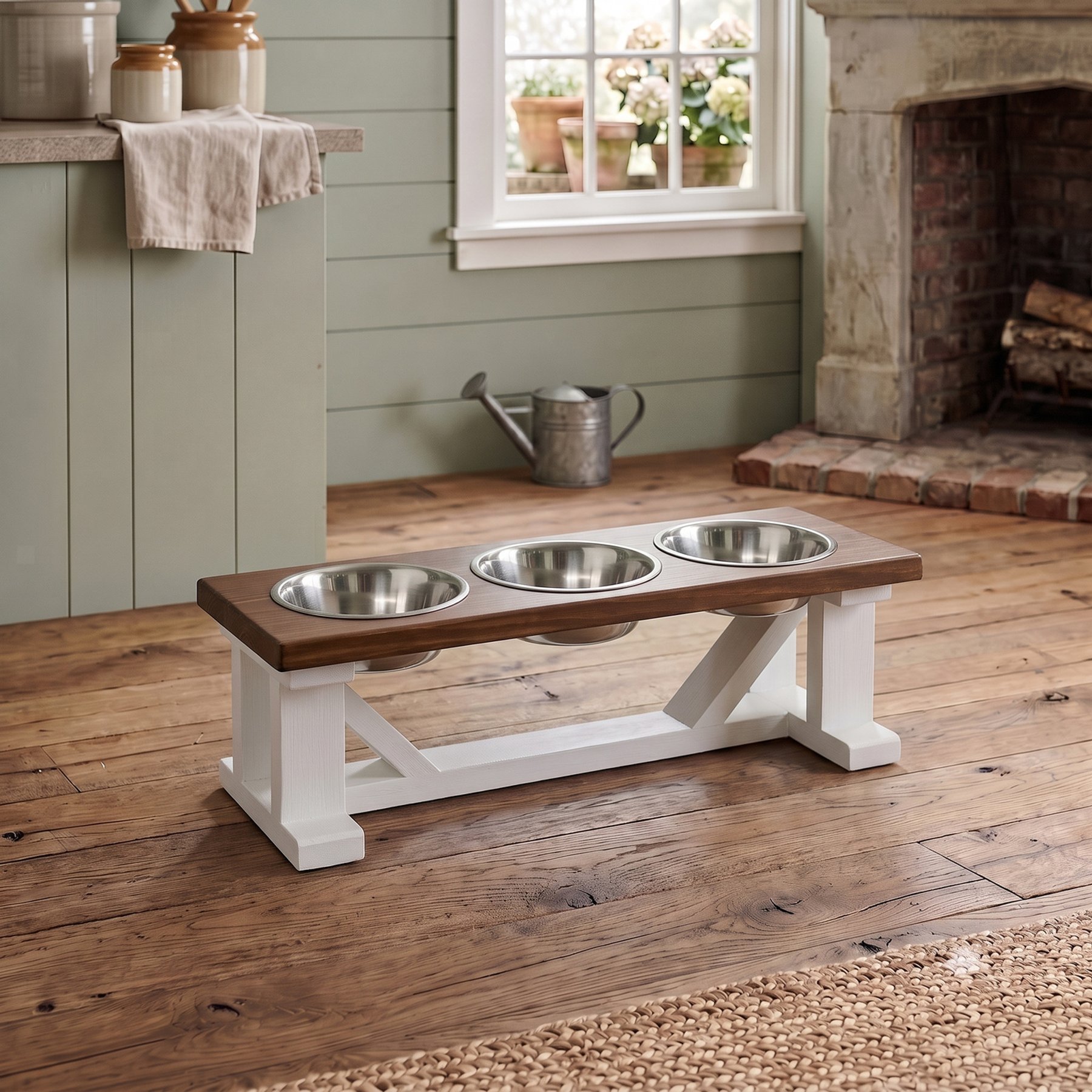 Bearwood Essentials Farmhouse 3-Bowl Elevated Dog Feeder, Chestnut/White, Small