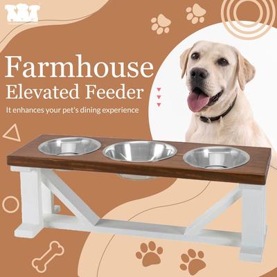 Show full view: Bearwood Essentials Farmhouse 3-Bowl Elevated Dog Feeder, Chestnut/White, Small slide 3 of 11