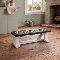 Bearwood Essentials Farmhouse 3-Bowl Elevated Dog Feeder, Ebony/White, Medium