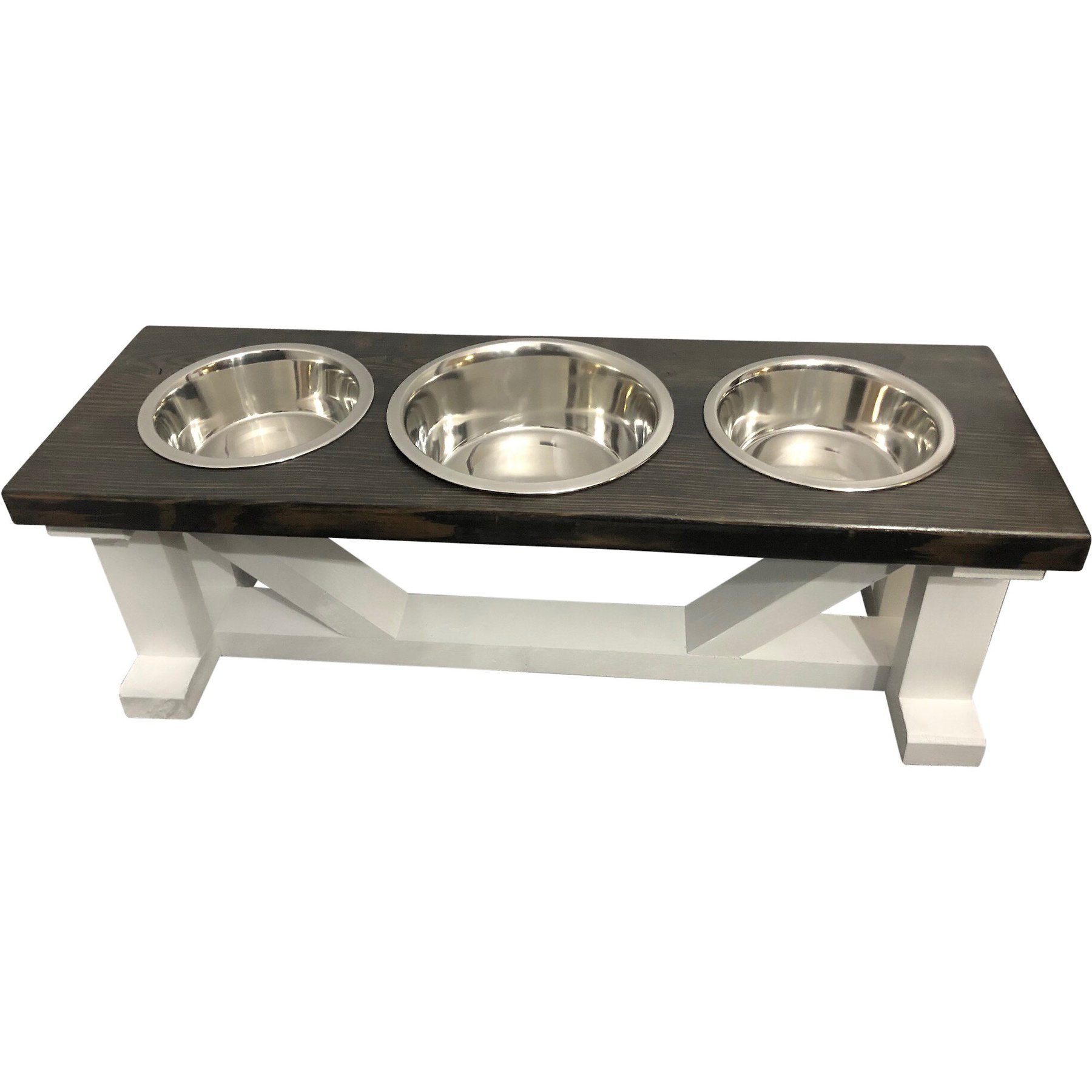 Bearwood Essentials Farmhouse 3-Bowl Elevated Dog Feeder, Ebony/White, Small
