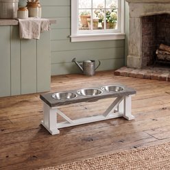 Bearwood Essentials Farmhouse 3-Bowl Elevated Dog Feeder, Grey/White, Large