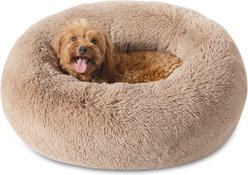 Bedsure Calming Fluffy Plush Faux Fur Orthopedic Anti-Slip Donut Dog & Cat Bed, Camel, Small