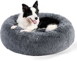 Bedsure Calming Fluffy Plush Faux Fur Orthopedic Anti-Slip Donut Dog & Cat Bed, Dark Grey, Large