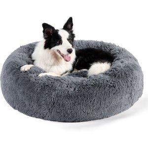 Bedsure Calming Fluffy Plush Faux Fur Orthopedic Anti-Slip Donut Dog & Cat Bed, Dark Grey, Large