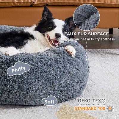 Show full view: Bedsure Calming Fluffy Plush Faux Fur Orthopedic Anti-Slip Donut Dog & Cat Bed, Dark Grey, Large slide 3 of 8