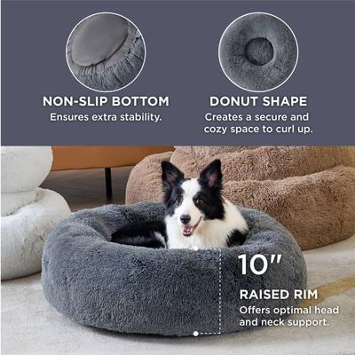 Show full view: Bedsure Calming Fluffy Plush Faux Fur Orthopedic Anti-Slip Donut Dog & Cat Bed, Dark Grey, Large slide 2 of 8