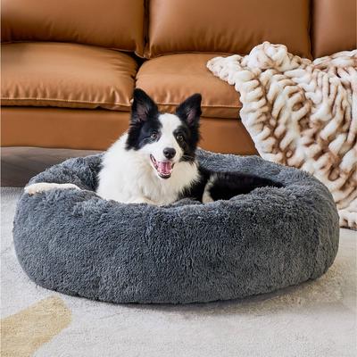 Show full view: Bedsure Calming Fluffy Plush Faux Fur Orthopedic Anti-Slip Donut Dog & Cat Bed, Dark Grey, Large slide 4 of 8