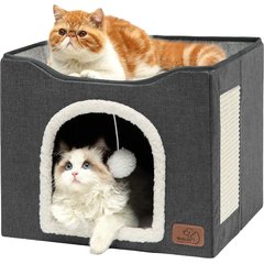 Bedsure Cat Cave with Fluffy Ball & Scratch Pad Plush Sherpa Foldable Cat House, Dark Grey