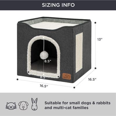 Show full view: Bedsure Cat Cave with Fluffy Ball & Scratch Pad Plush Sherpa Foldable Cat House, Single, Dark Grey slide 3 of 7
