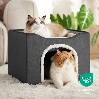 Show full view: Bedsure Cat Cave with Fluffy Ball & Scratch Pad Plush Sherpa Foldable Cat House, Single, Dark Grey slide 6 of 7