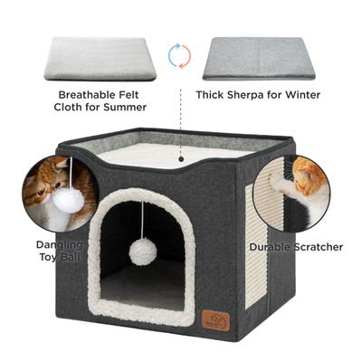 Show full view: Bedsure Cat Cave with Fluffy Ball & Scratch Pad Plush Sherpa Foldable Cat House, Single, Dark Grey slide 4 of 7
