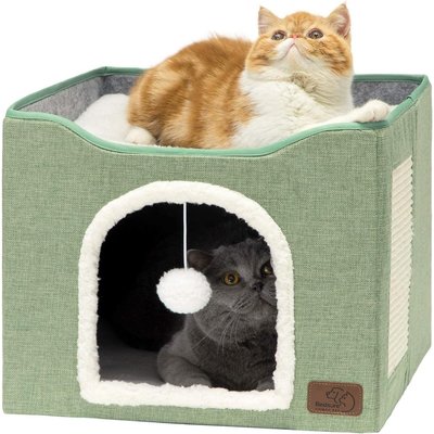 Bedsure Bedsure Cat Cave with Fluffy Ball & Scratch Pad Plush Sherpa Foldable Cat House, Single, Green