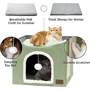 Bedsure Cat Cave with Fluffy Ball & Scratch Pad Plush Sherpa Foldable Cat House, Single, Green