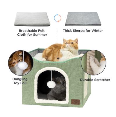 Show full view: Bedsure Cat Cave with Fluffy Ball & Scratch Pad Plush Sherpa Foldable Cat House, Single, Green slide 5 of 8