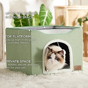 Bedsure Cat Cave with Fluffy Ball & Scratch Pad Plush Sherpa Foldable Cat House, Single, Green