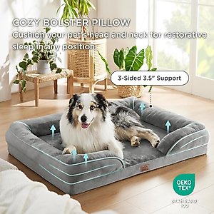 Bedsure Orthopedic Bolster Dog Sofa Bed with Removable Cover, Grey, X-Large