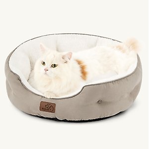 Bedsure Round Orthopedic Bolster Anti-Slip Puppy & Kitten Bed with Washable Pillow Cushion, Camel, Small