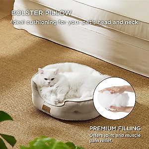 Bedsure Round Orthopedic Bolster Anti-Slip Puppy & Kitten Bed with Washable Pillow Cushion, Camel, Small