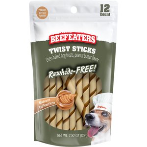 Beefeaters Twist Sticks Peanut Butter Rawhide Free Dog Treat, 2.82-oz bag, case of 12