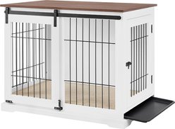 beeNbkks Wood & Iron Wire Sliding Barn Door Furniture-Style Dog Crate, White, Large