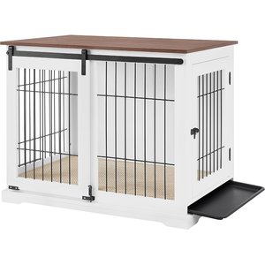 beeNbkks Wood & Iron Wire Sliding Barn Door Furniture-Style Dog Crate, White, Large