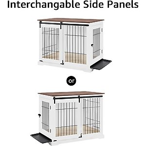 beeNbkks Wood & Iron Wire Sliding Barn Door Furniture-Style Dog Crate, White, Large