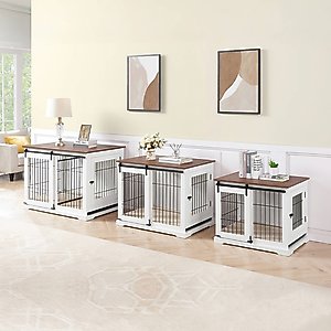 beeNbkks Wood & Iron Wire Sliding Barn Door Furniture-Style Dog Crate, White, Large