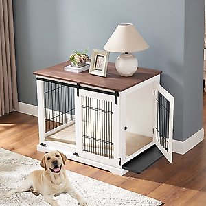 beeNbkks Wood & Iron Wire Sliding Barn Door Furniture-Style Dog Crate, White, Large