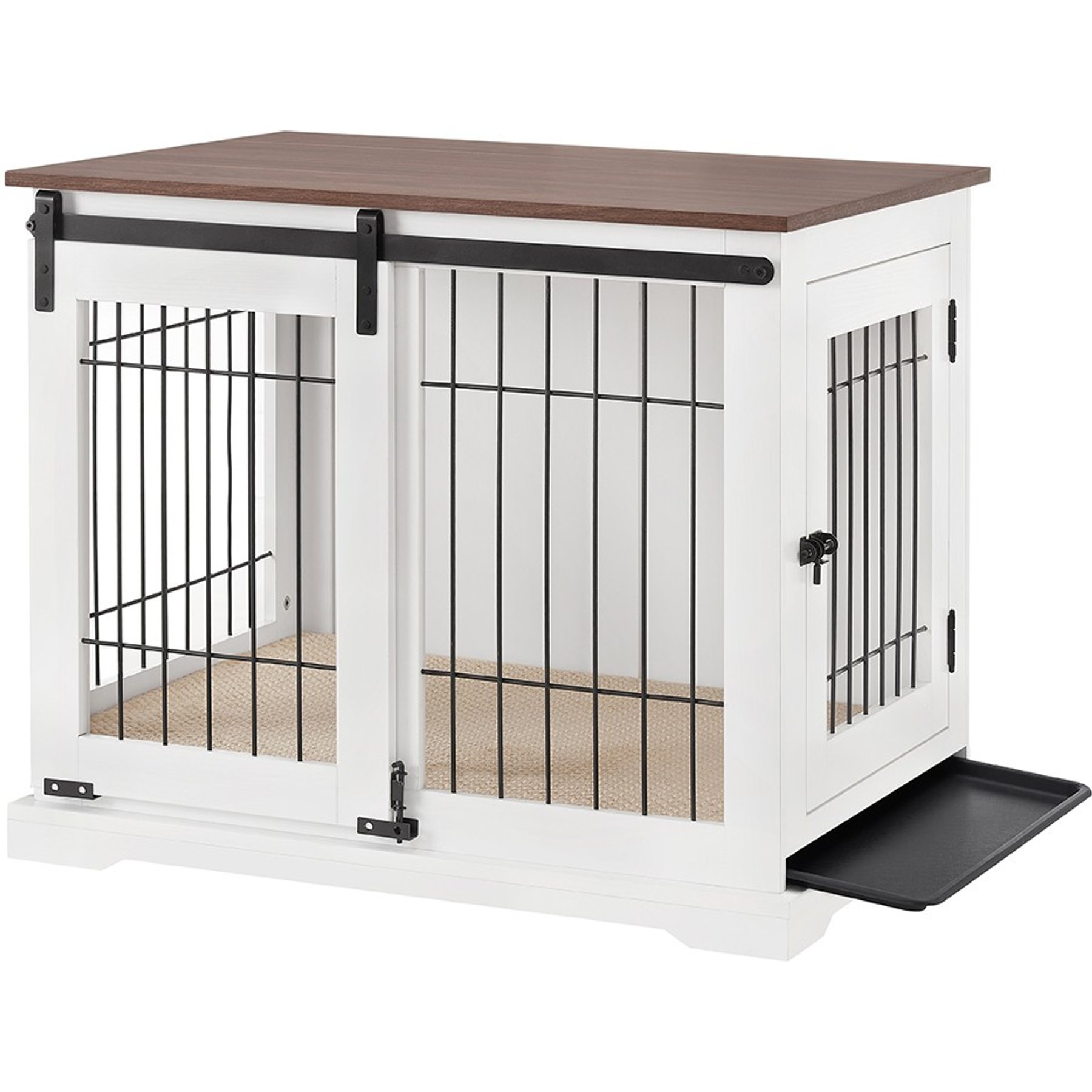 beeNbkks Wood & Iron Wire Sliding Barn Door Furniture-Style Dog Crate, White, Medium