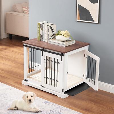 Show full view: beeNbkks Wood & Iron Wire Sliding Barn Door Furniture-Style Dog Crate, White, Medium slide 2 of 8