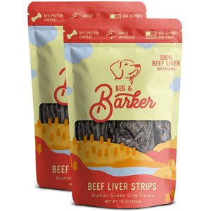 Beg & Barker Double Beef Liver Strips Dog Jerky Treats, 10-oz bag, case of 2