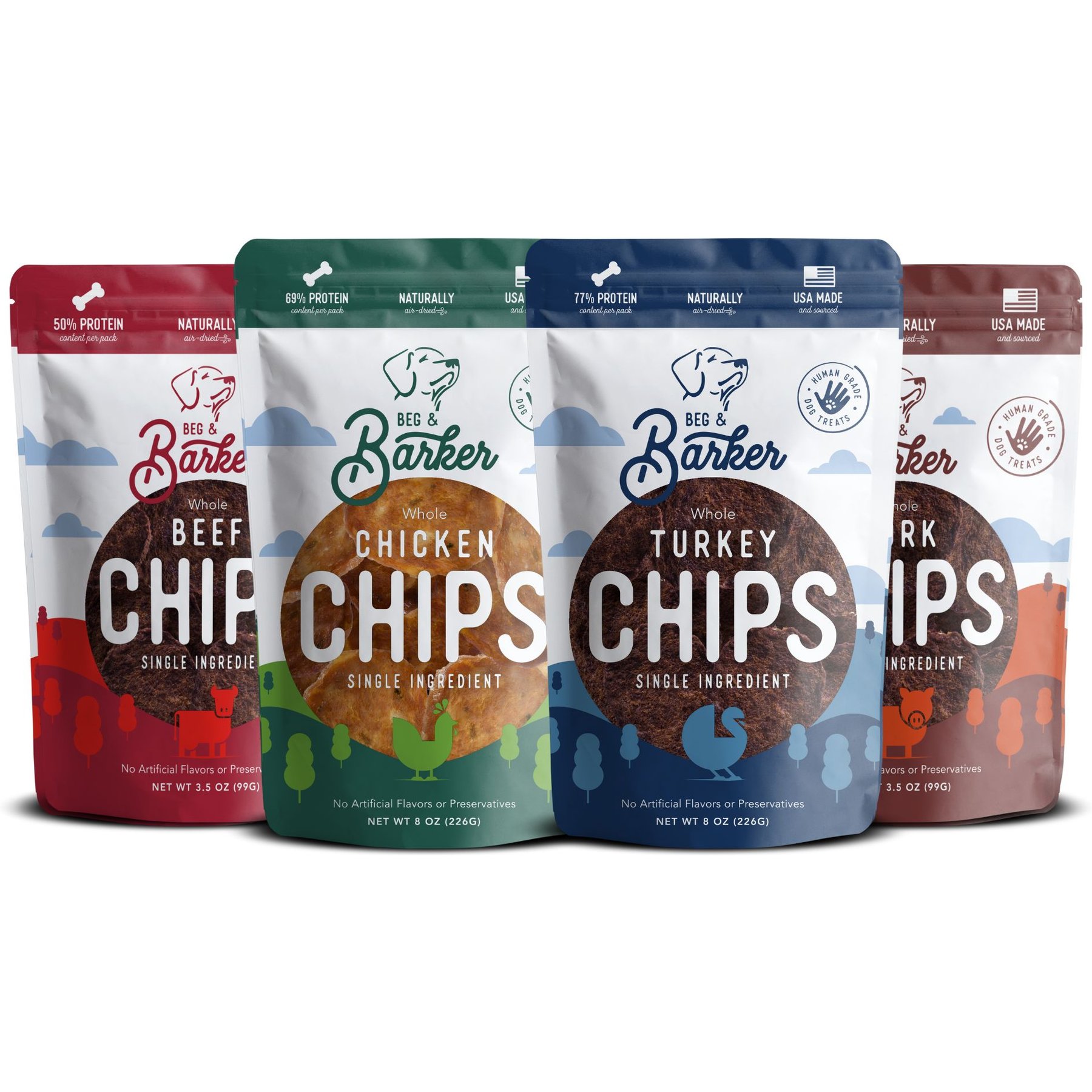 Beg & Barker The Farmyard & Pasture Variety Whole Chicken Turkey & Beef Chips Natural Single Ingredient Dog Treats, 8-oz bag, case of 4