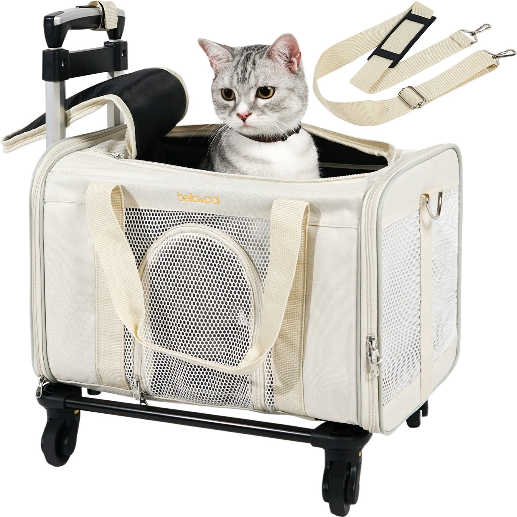 Bella & Pal Rolling Foldable Airline-Friendly Travel Small Dog & Cat Carrier with Detachable Wheels, 18 x 11 x 11-in, Cloud Dancer