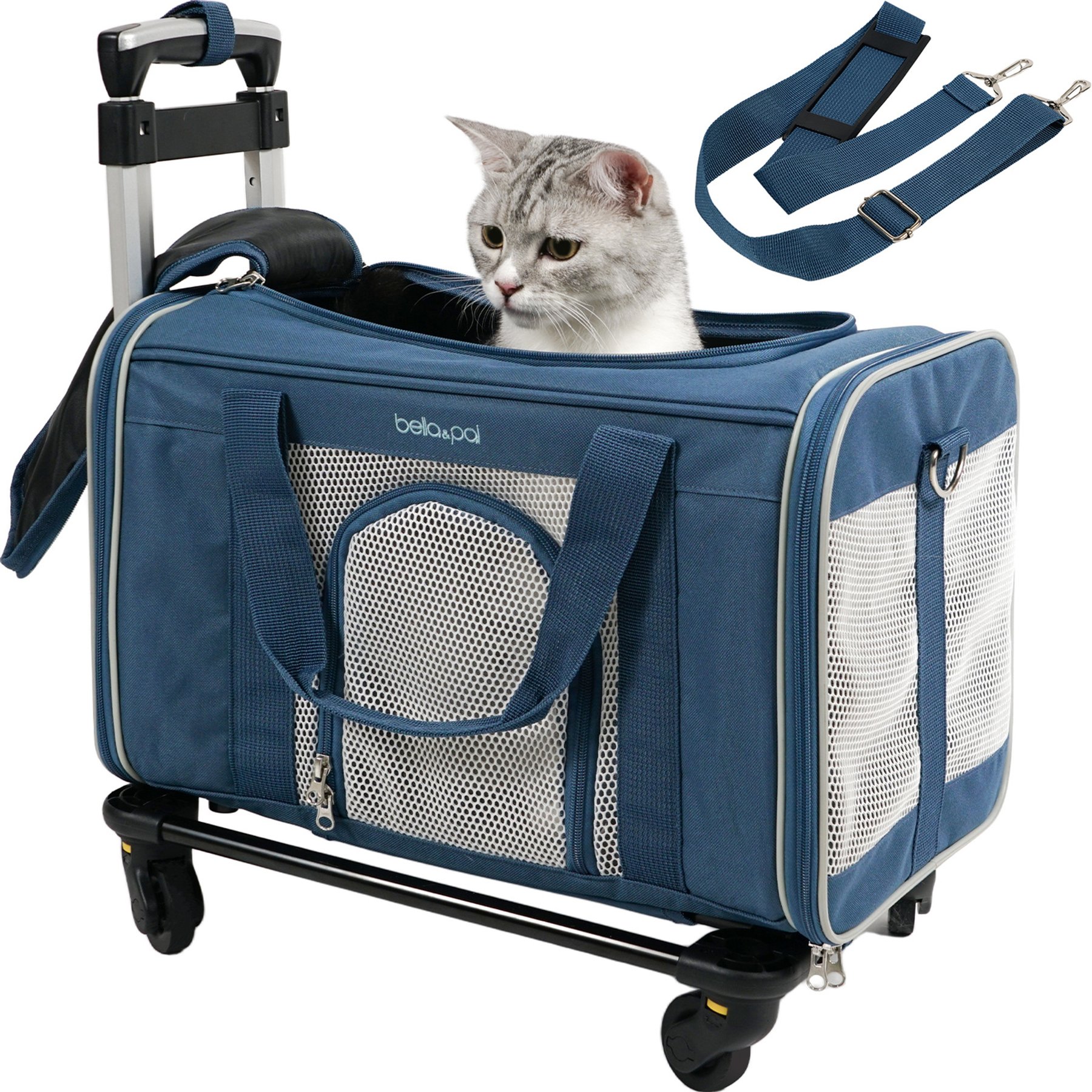 Bella & Pal Rolling Foldable Airline-Friendly Travel Small Dog & Cat Carrier with Detachable Wheels, 18 x 11 x 11-in, Sky Sailor