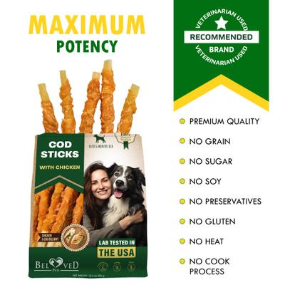 Show full view: Beloved Pets Dried Pet Snacks Cod Sticks Chicken Wrapped Rawhide-Free & Grain-Free Natural Dog Chews, 10.6-oz bag slide 8 of 11