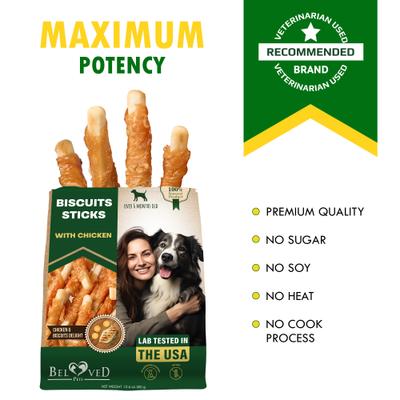 Show full view: Beloved Pets Dried Snacks Biscuit Sticks Chicken Human Grade Rawhide-Free & Grain-Free Natural Dog Chews, 10.6-oz bag slide 8 of 9
