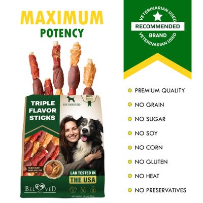 Show full view: Beloved Pets Natural Pet Dried Snacks Triple Duck, Chicken & Meat Flavor Human Grade Grain-Free Rawhide Dog Chews, 10.6-oz bag slide 7 of 8