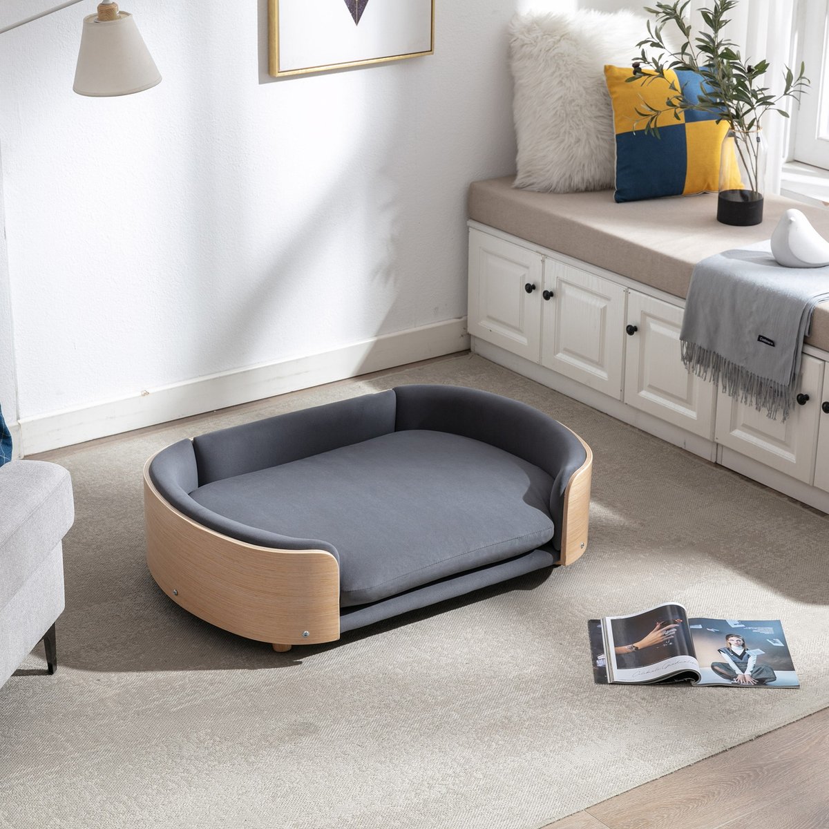 Bencmate Modern Stain-Resistant Fabric, Carved Wood Legs Dog & Cat Sofa Bed with Removable Velvet Cover, Dark Grey, 38.58 x 26.77 x 11.02-in
